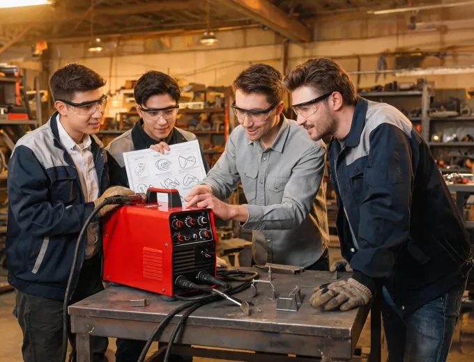 Advisor reviewing welding setup with shop team